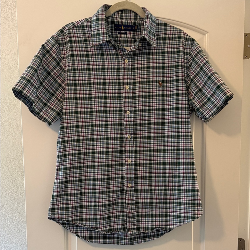 Vintage Ralph Lauren Green and White Plaid Short-Sleeve Button-Down Shirt